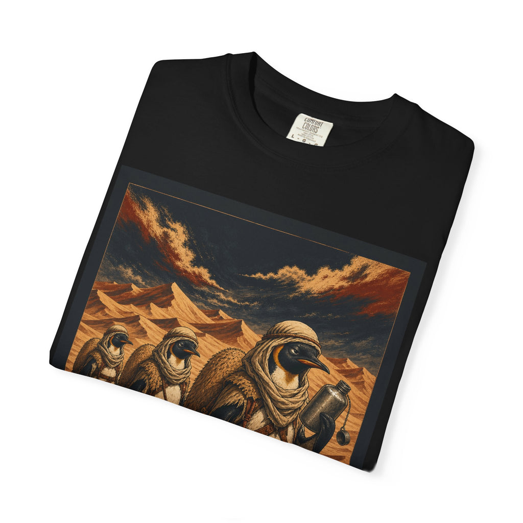 Heat Check design detail: penguins in camel humps checking an empty canteen