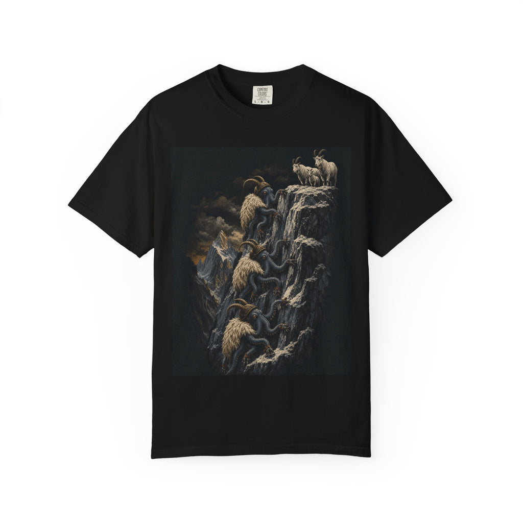 Octopus and mountain goat t-shirt: an octopus scaling a peak while a goat treads deep water