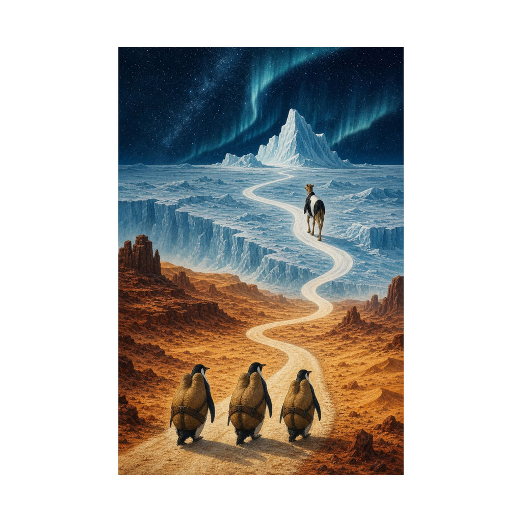 The Long Commute print detail: hump-disguised penguins walking into the desert