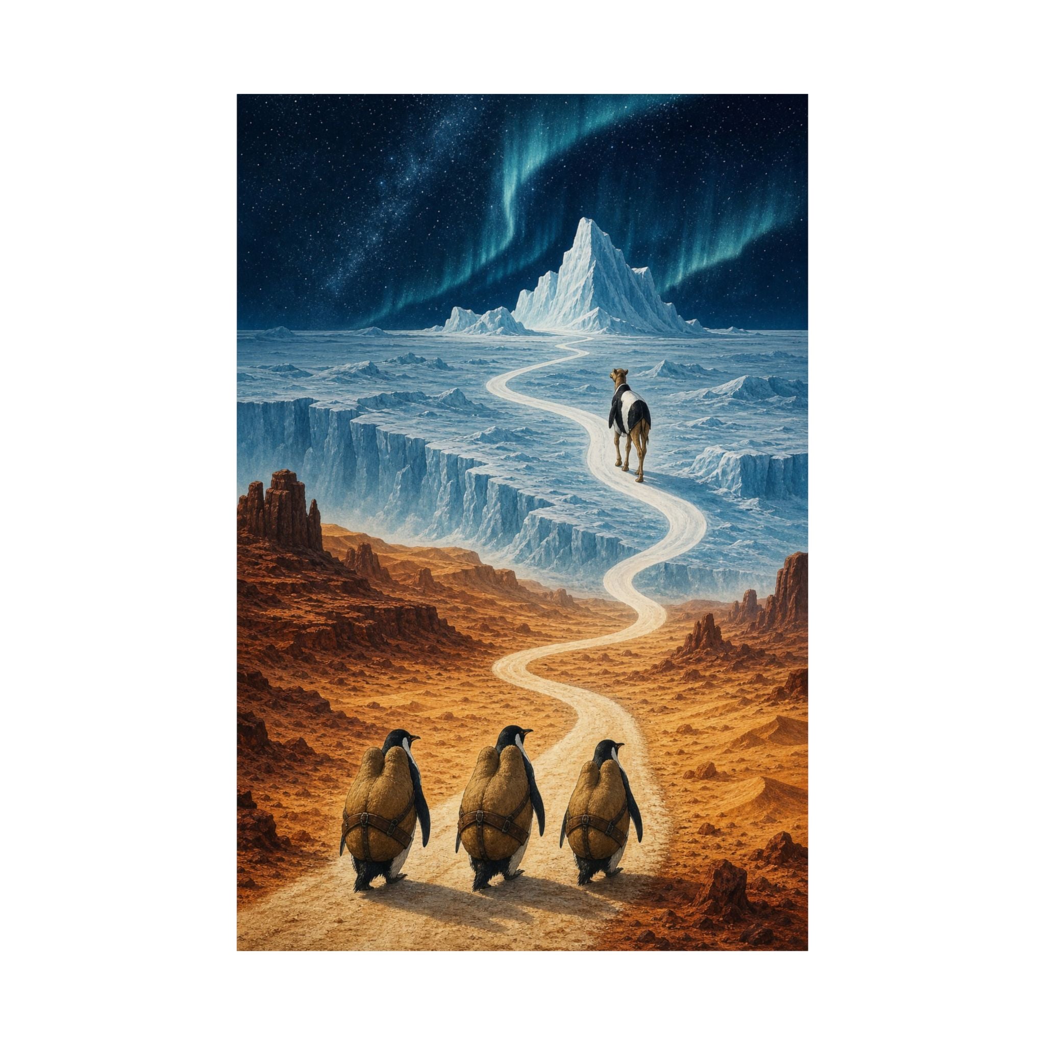 The Long Commute print detail: hump-disguised penguins walking into the desert