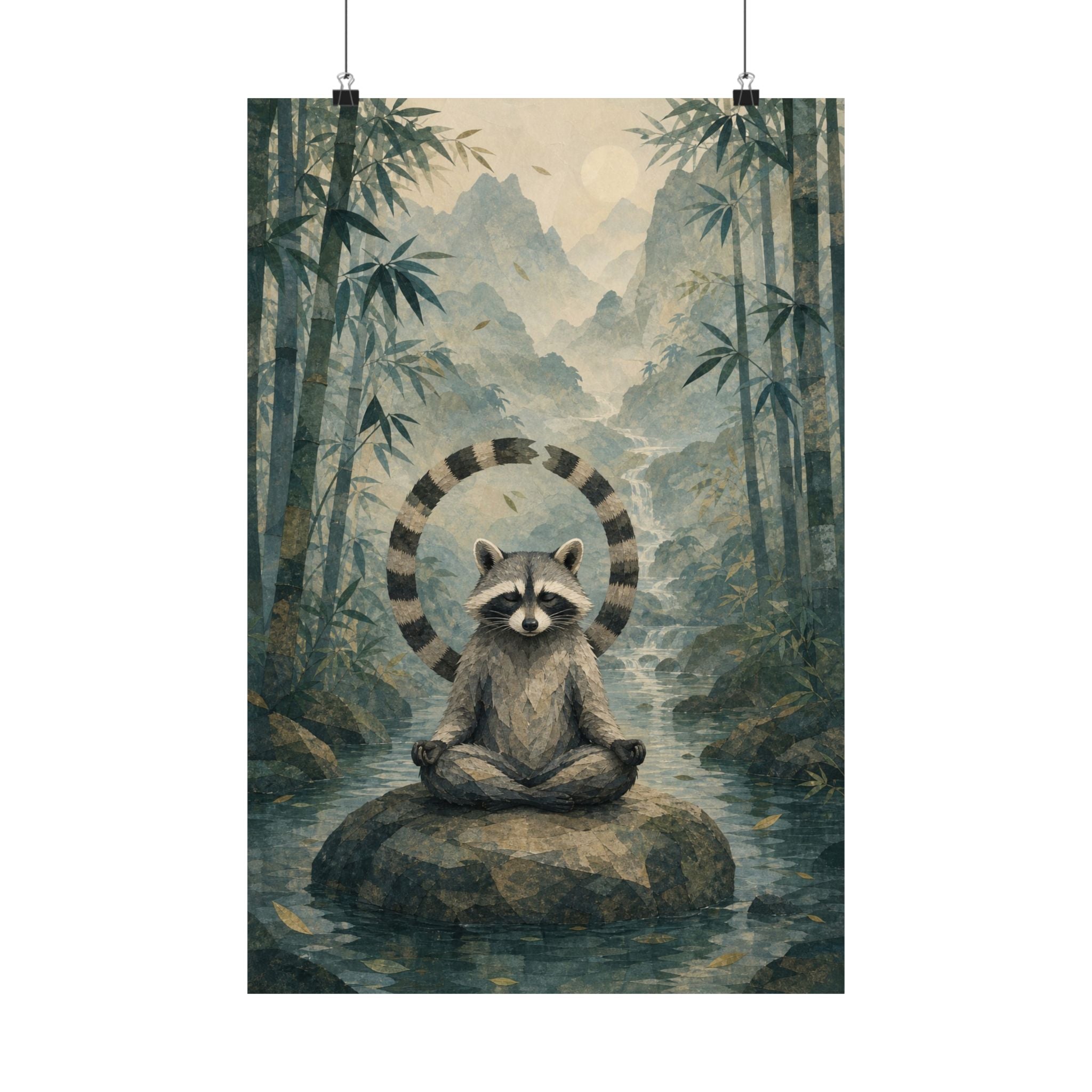 Zen raccoon bamboo art print shown framed on a wall