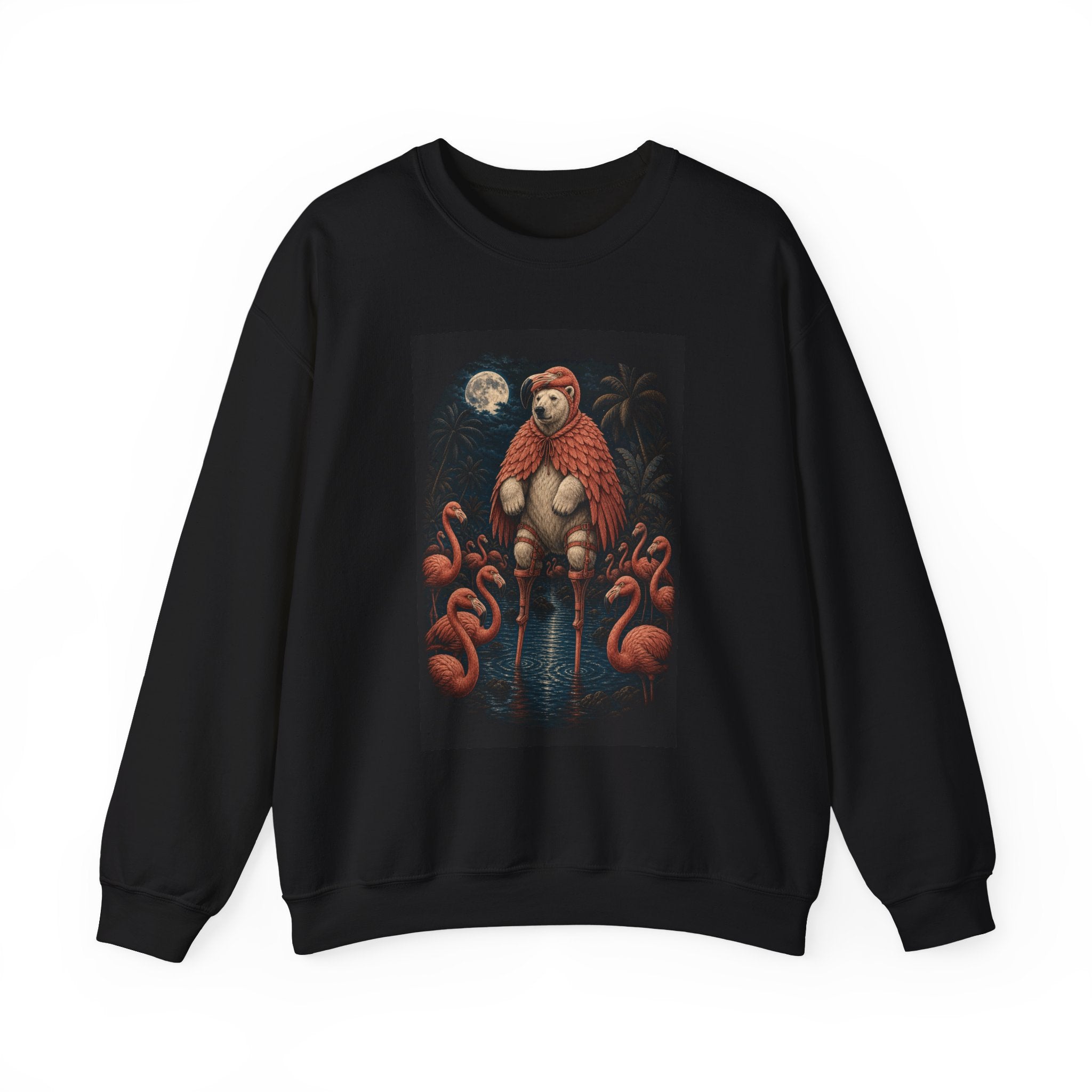 Polar bear in flamingo feathers crewneck: a polar bear disguised in the tropics, black sweatshirt