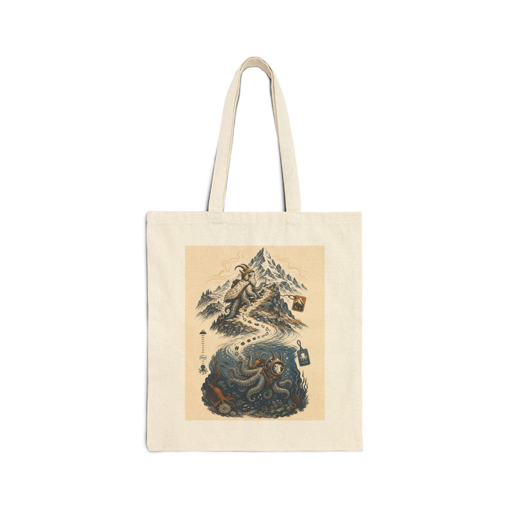 Octopus and mountain goat canvas tote bag: a goat in a diving rig beside an octopus in climbing gear