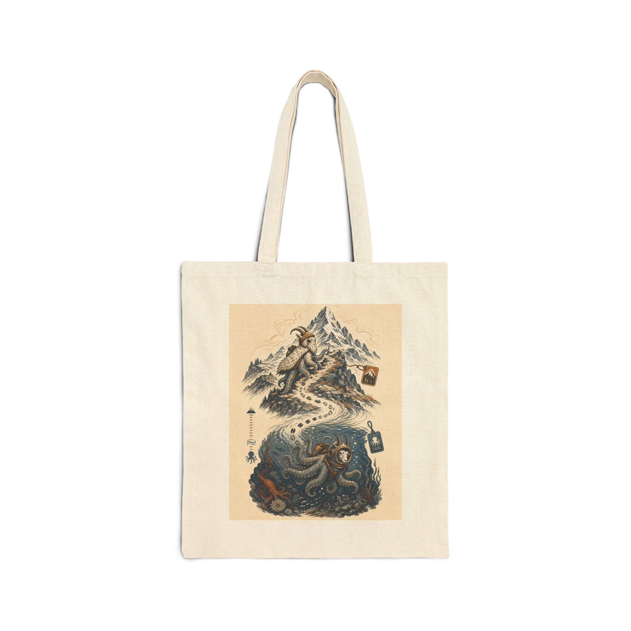 Octopus and mountain goat canvas tote bag: a goat in a diving rig beside an octopus in climbing gear