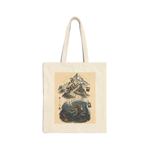 Octopus and mountain goat canvas tote bag: a goat in a diving rig beside an octopus in climbing gear