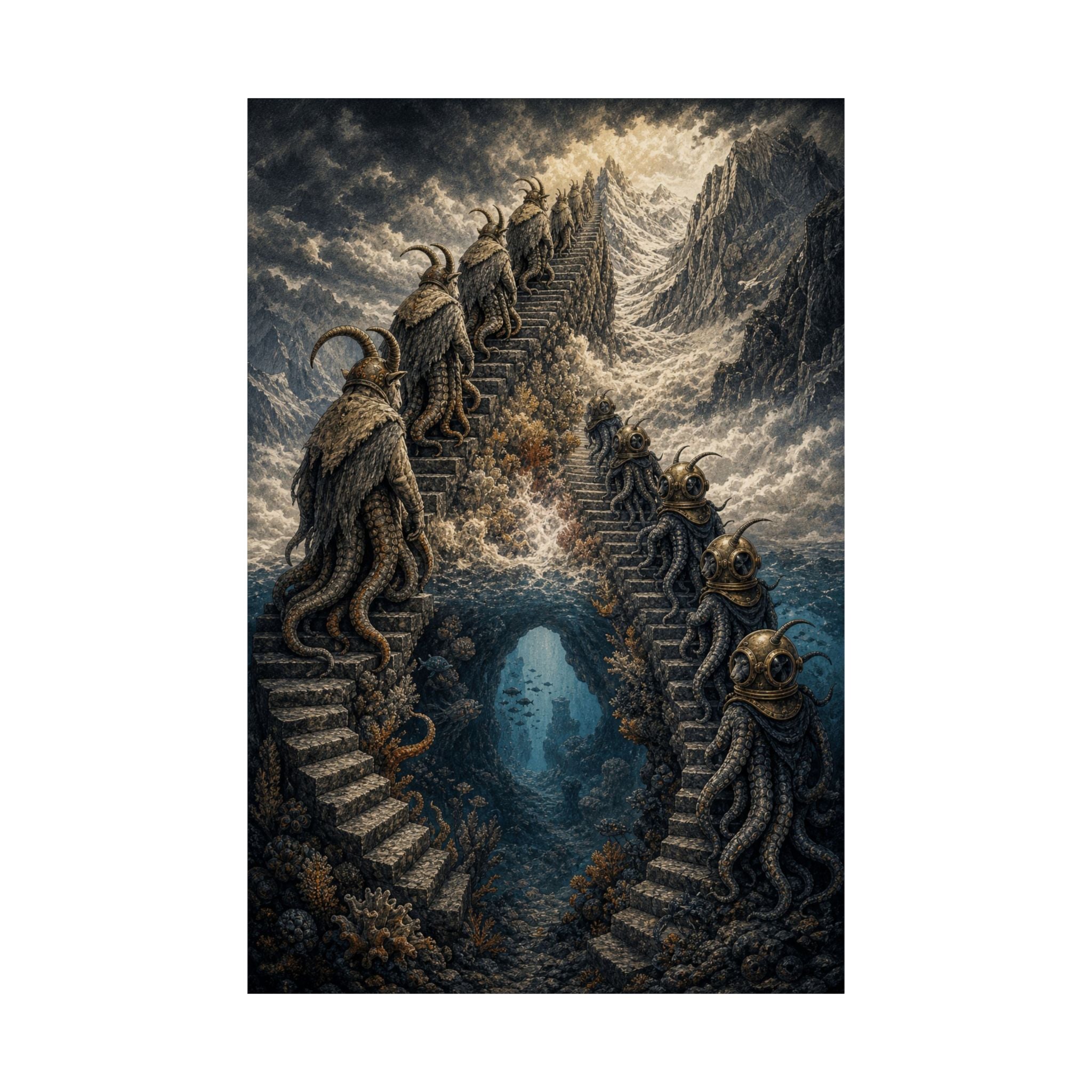 Octopus and mountain goat matte art print, 12x18 and 16x24 sizes, Wrong Habitat