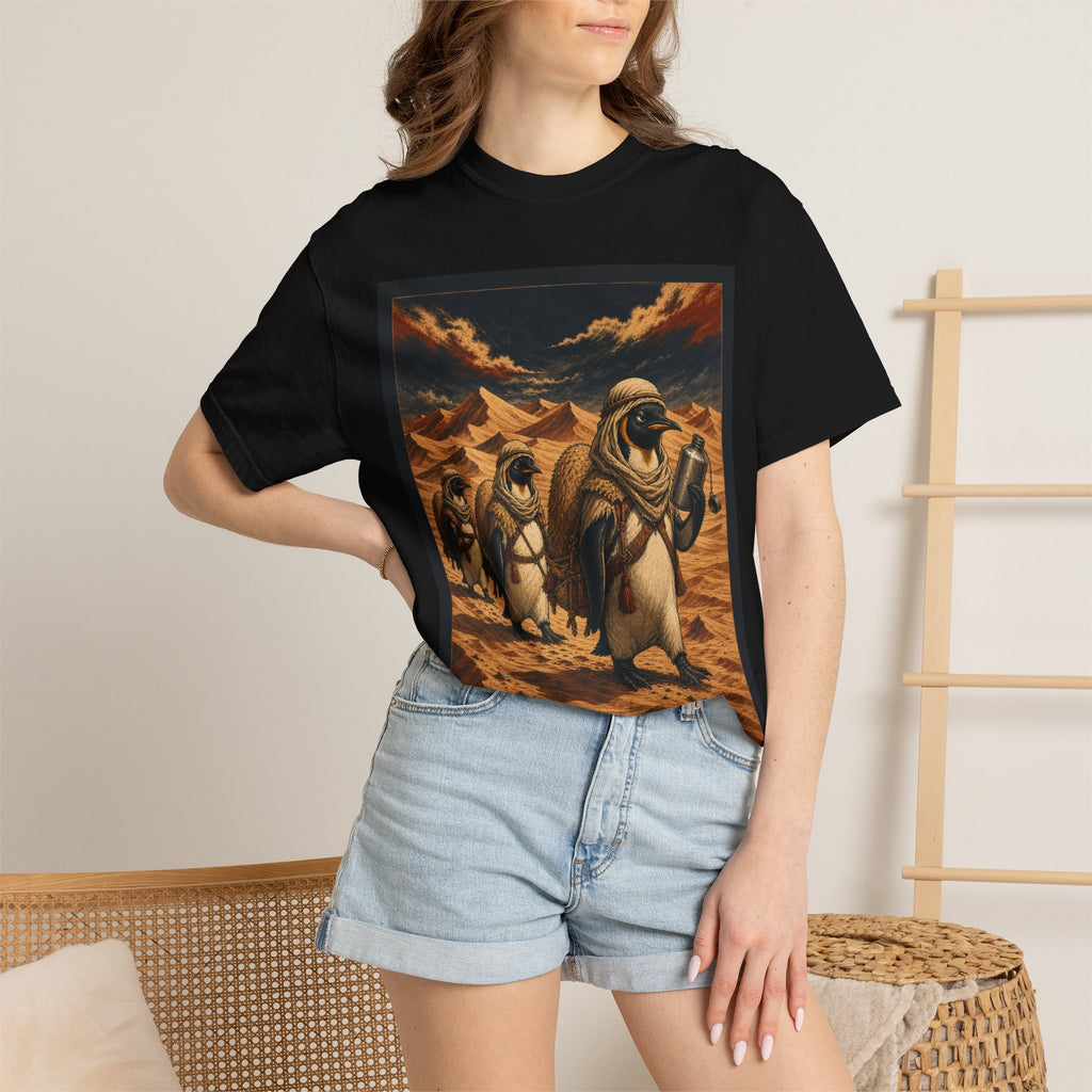 Penguins in the desert design shown on a black unisex tee, Wrong Habitat