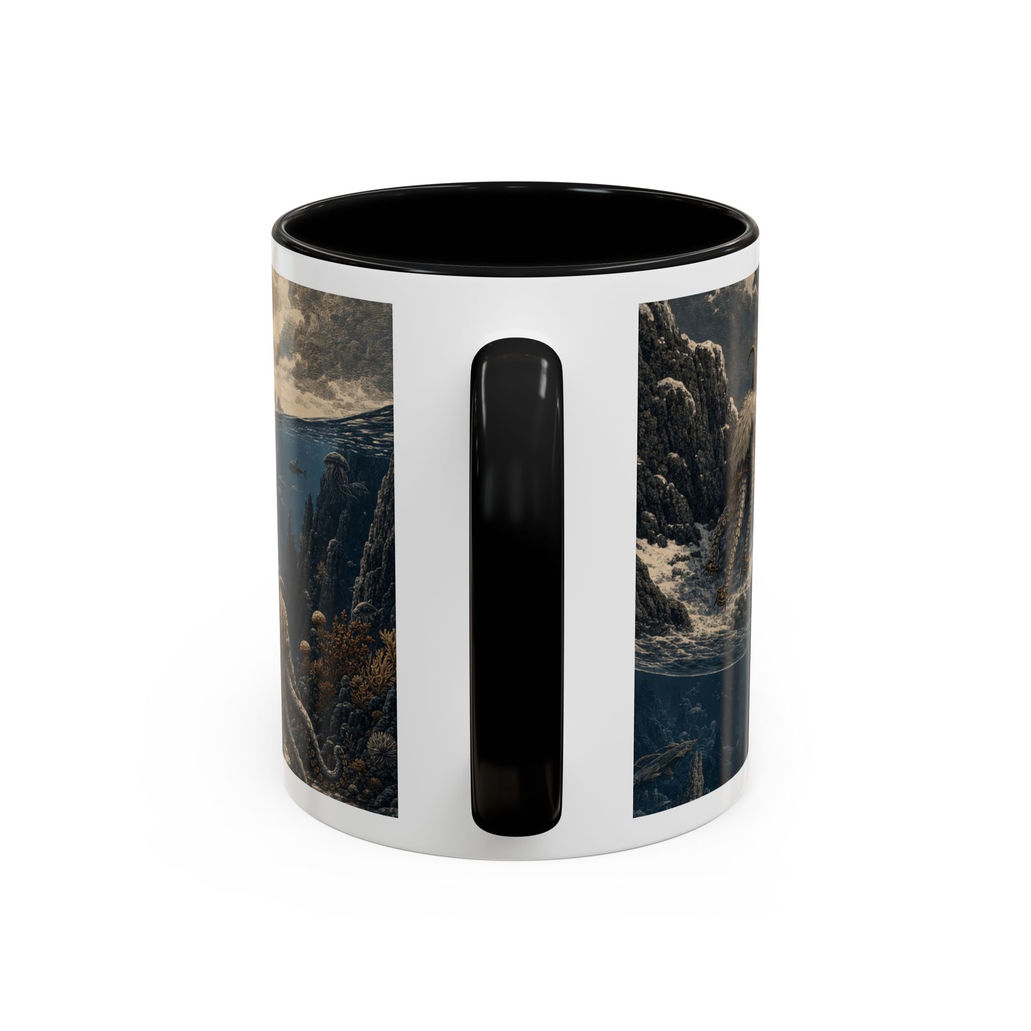 Octopus and mountain goat wraparound print on an 11oz ceramic mug, Wrong Habitat