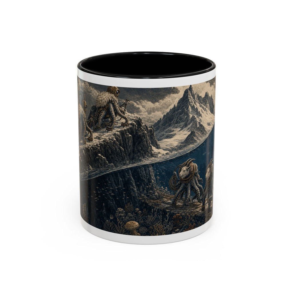 Octopus and mountain goat coffee mug: the ocean floor meeting the summit, 11oz black ceramic