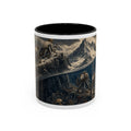 Octopus and mountain goat coffee mug: the ocean floor meeting the summit, 11oz black ceramic