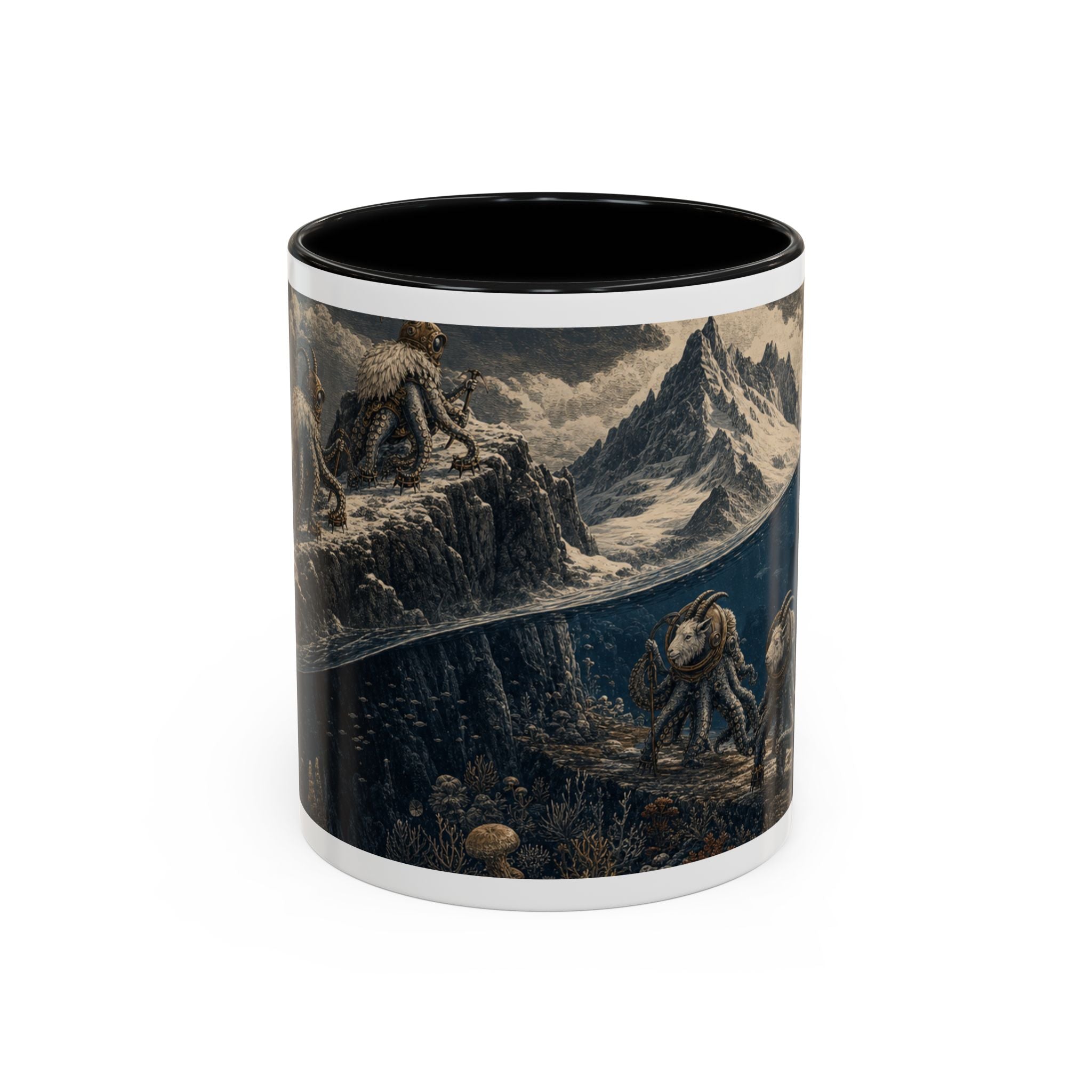 Octopus and mountain goat coffee mug: the ocean floor meeting the summit, 11oz black ceramic