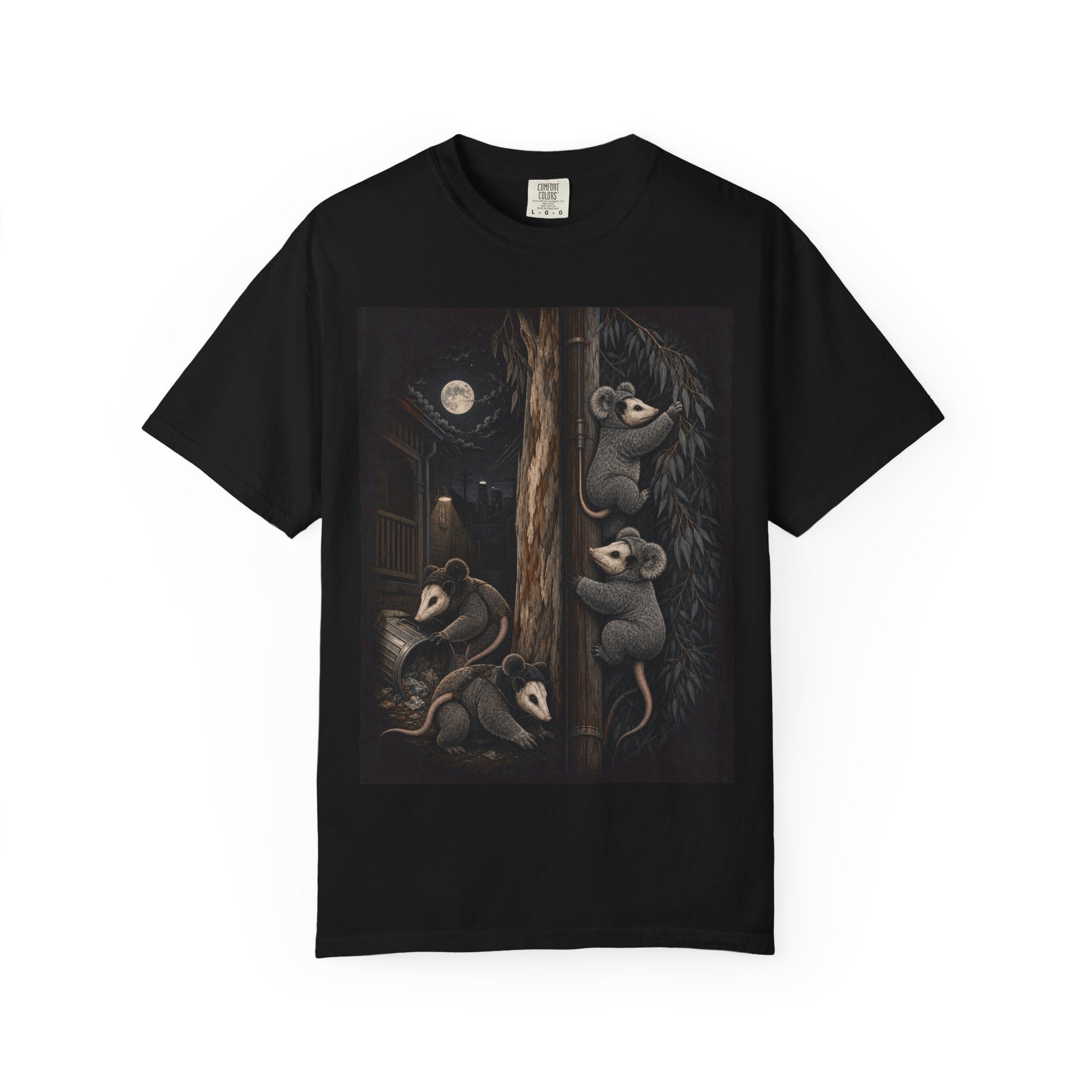 Koala and opossum t-shirt: two marsupials swapping trees and hemispheres, black unisex tee