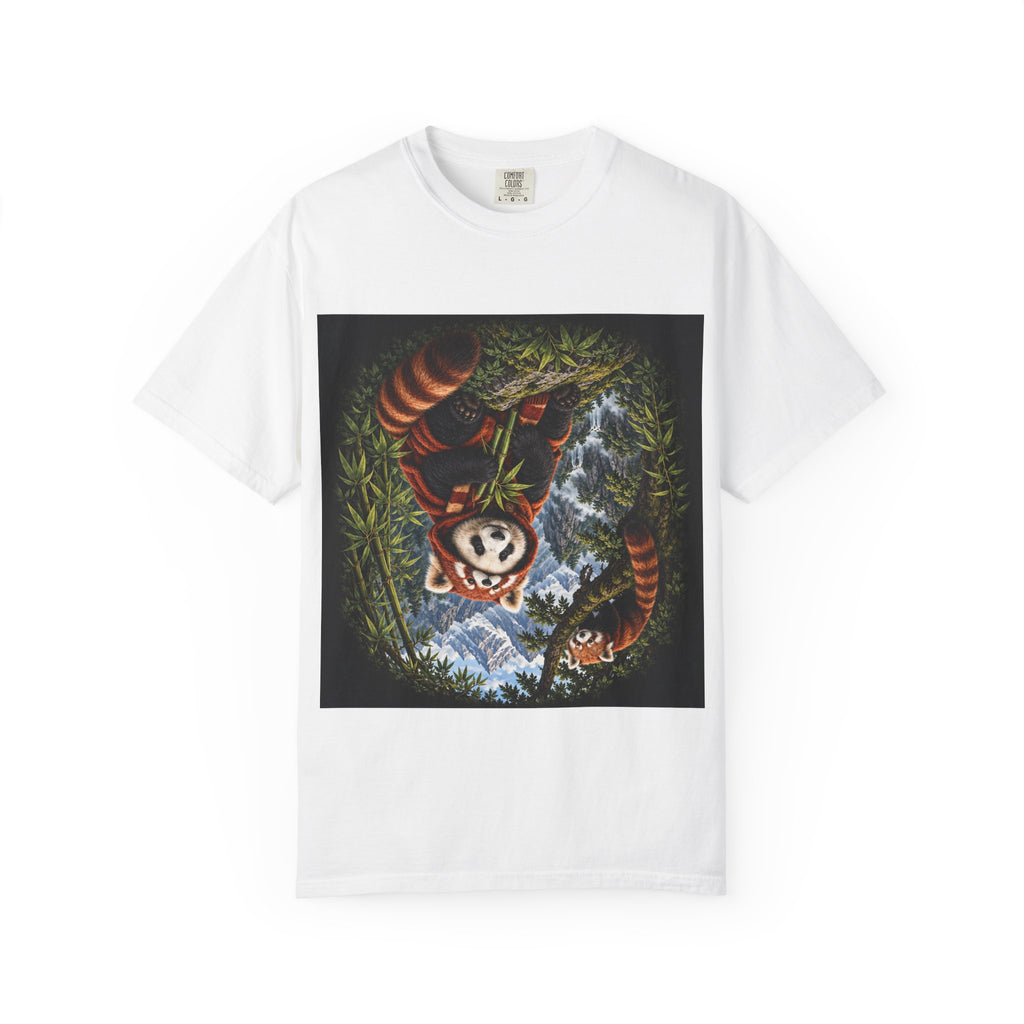 White garment-dyed tee with a square print of a red panda climbing through wet bamboo beside a misty waterfall, Wrong Habitat