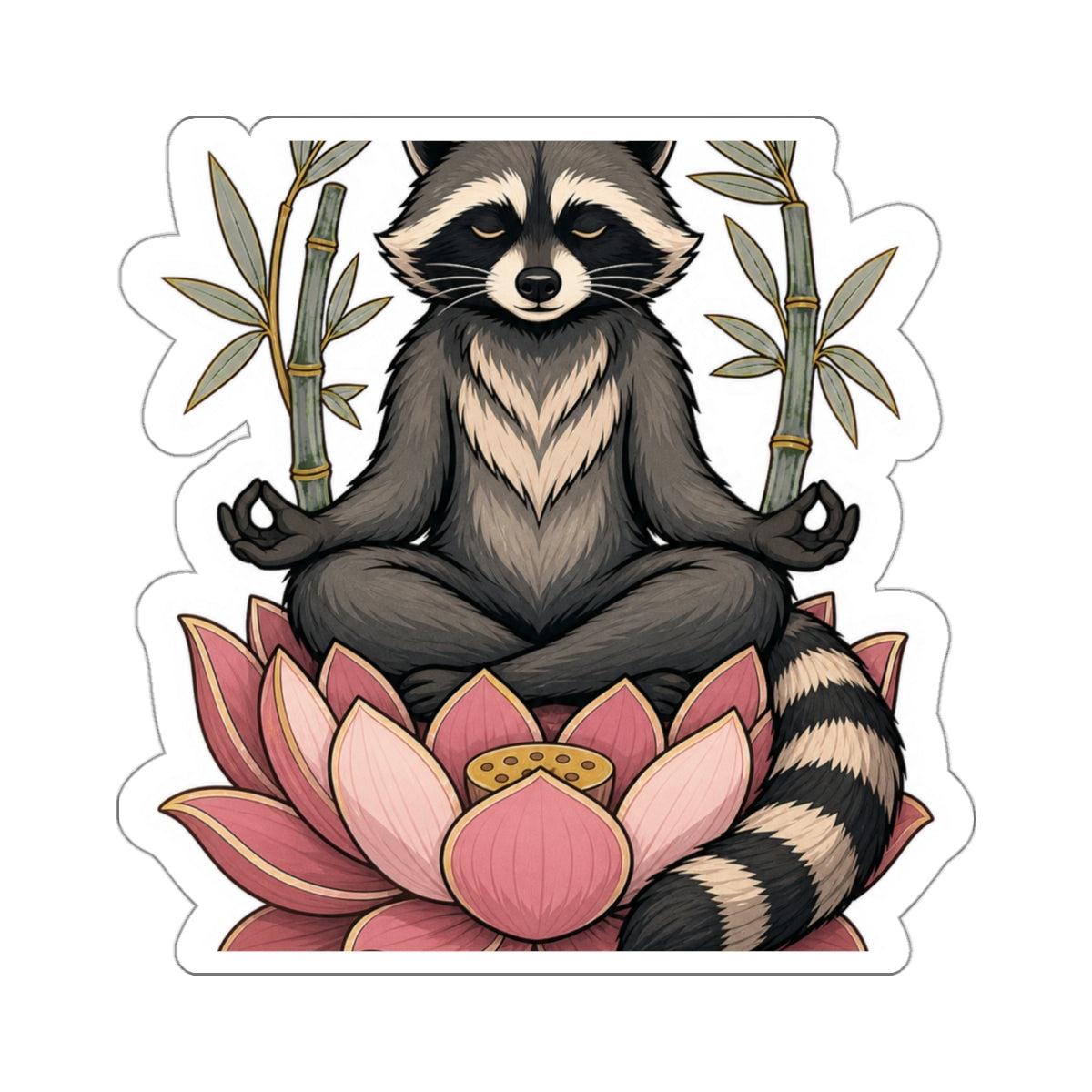 Meditating raccoon sticker shown applied to a laptop