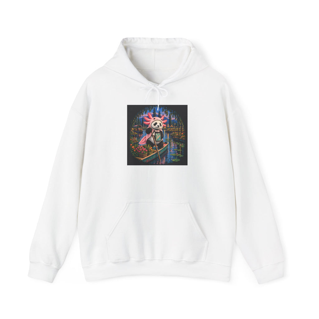 White hoodie with a chest print of a panda in a pink axolotl disguise rowing a boat through lantern-lit water at night, Wrong Habitat