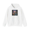 White hoodie with a chest print of a panda in a pink axolotl disguise rowing a boat through lantern-lit water at night, Wrong Habitat