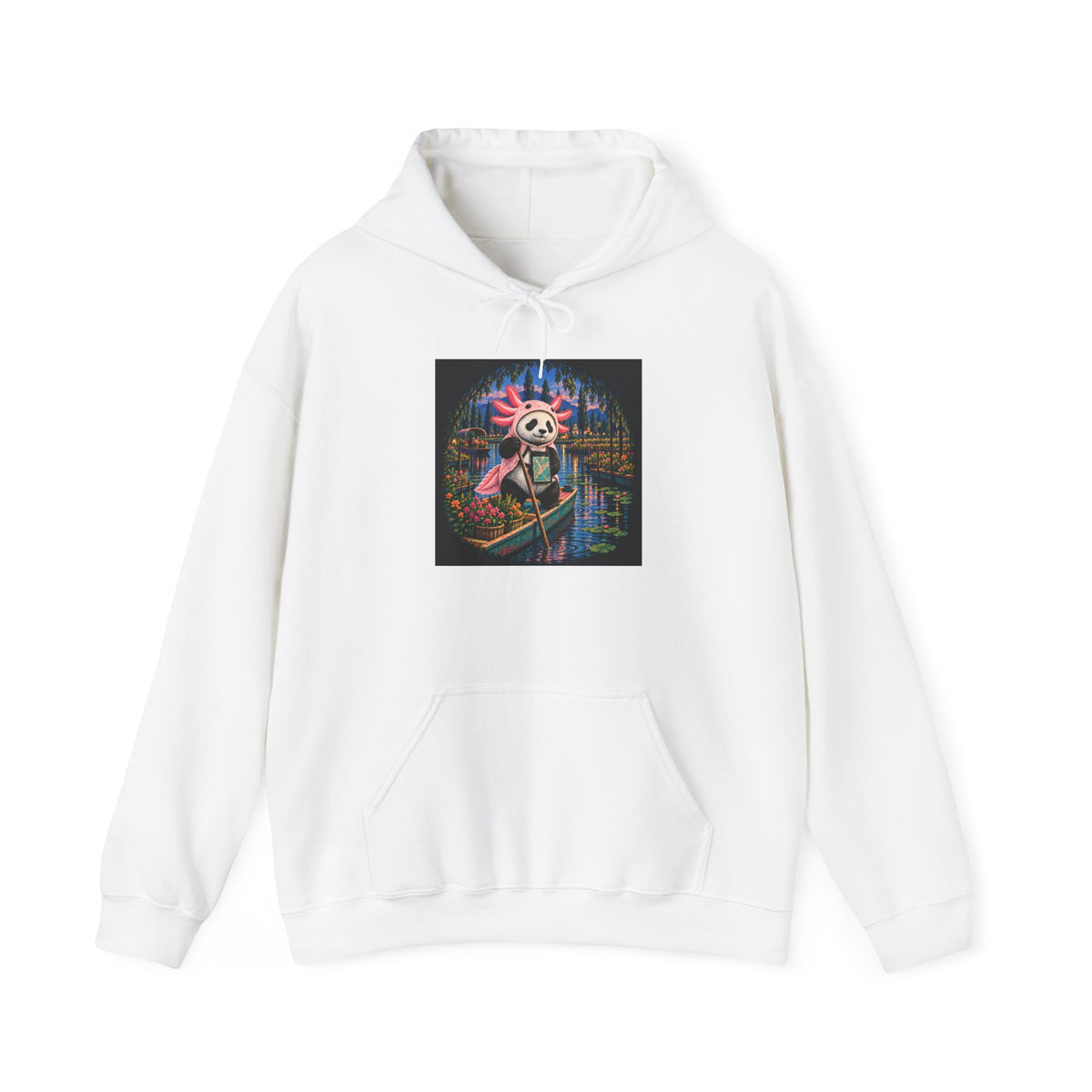 White hoodie with a chest print of a panda in a pink axolotl disguise rowing a boat through lantern-lit water at night, Wrong Habitat