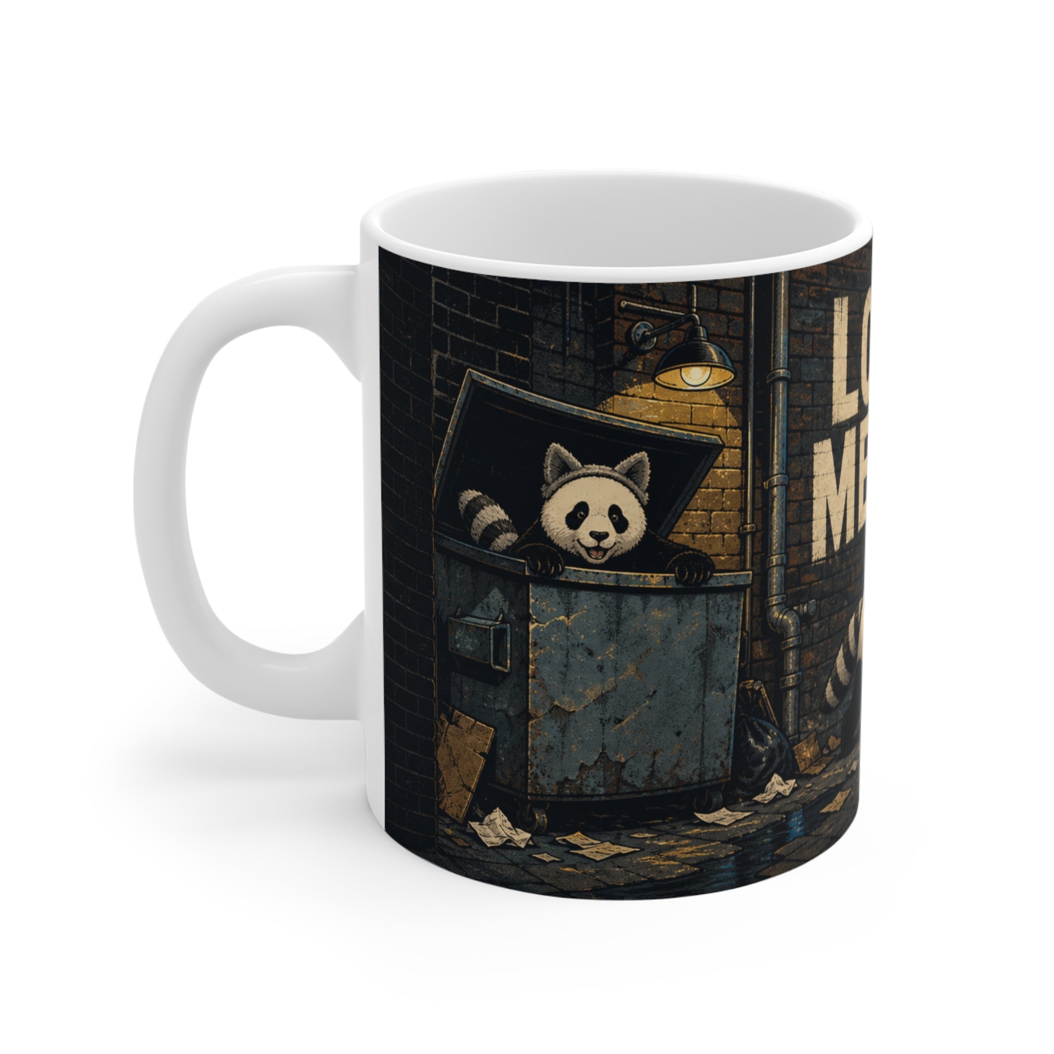 Trash panda coffee mug: a dumpster-diving panda printed on an 11oz black ceramic mug