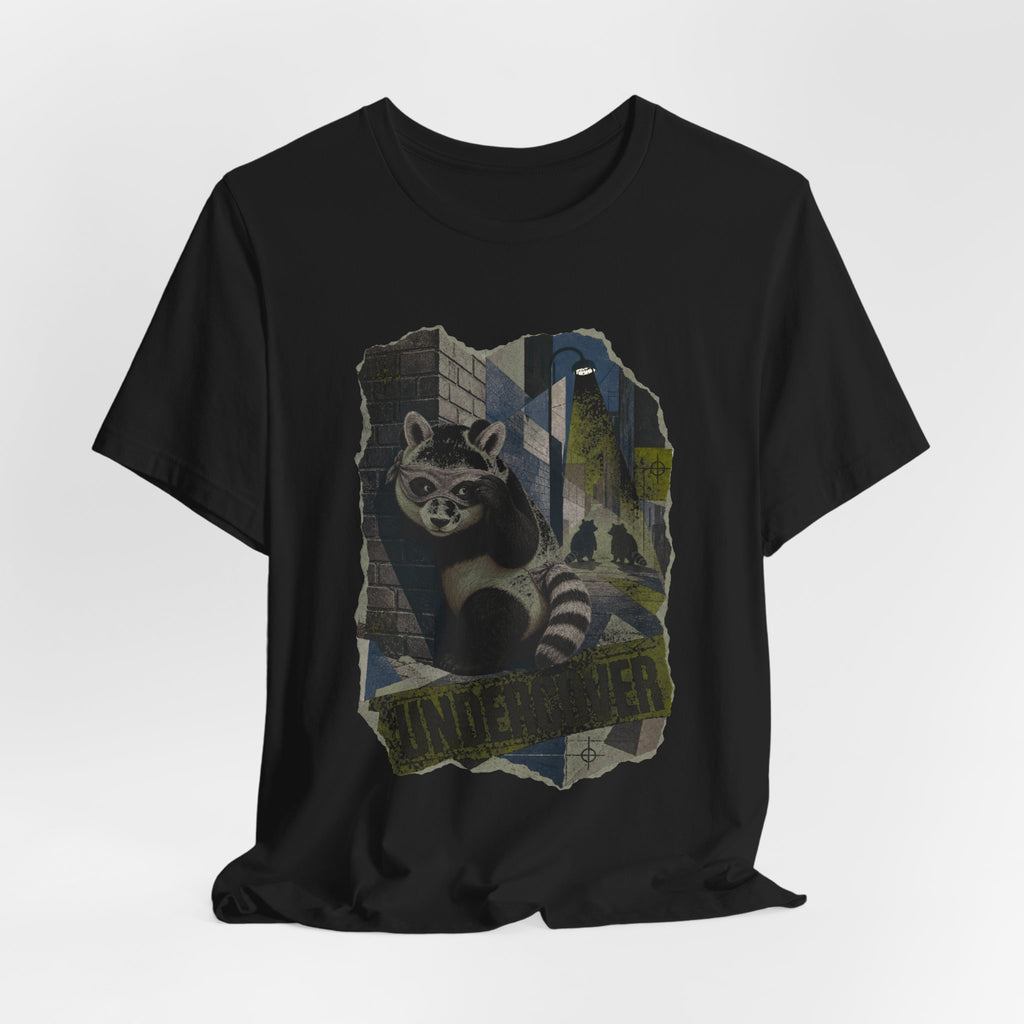 Panda in raccoon disguise design shown on a black unisex tee, Wrong Habitat
