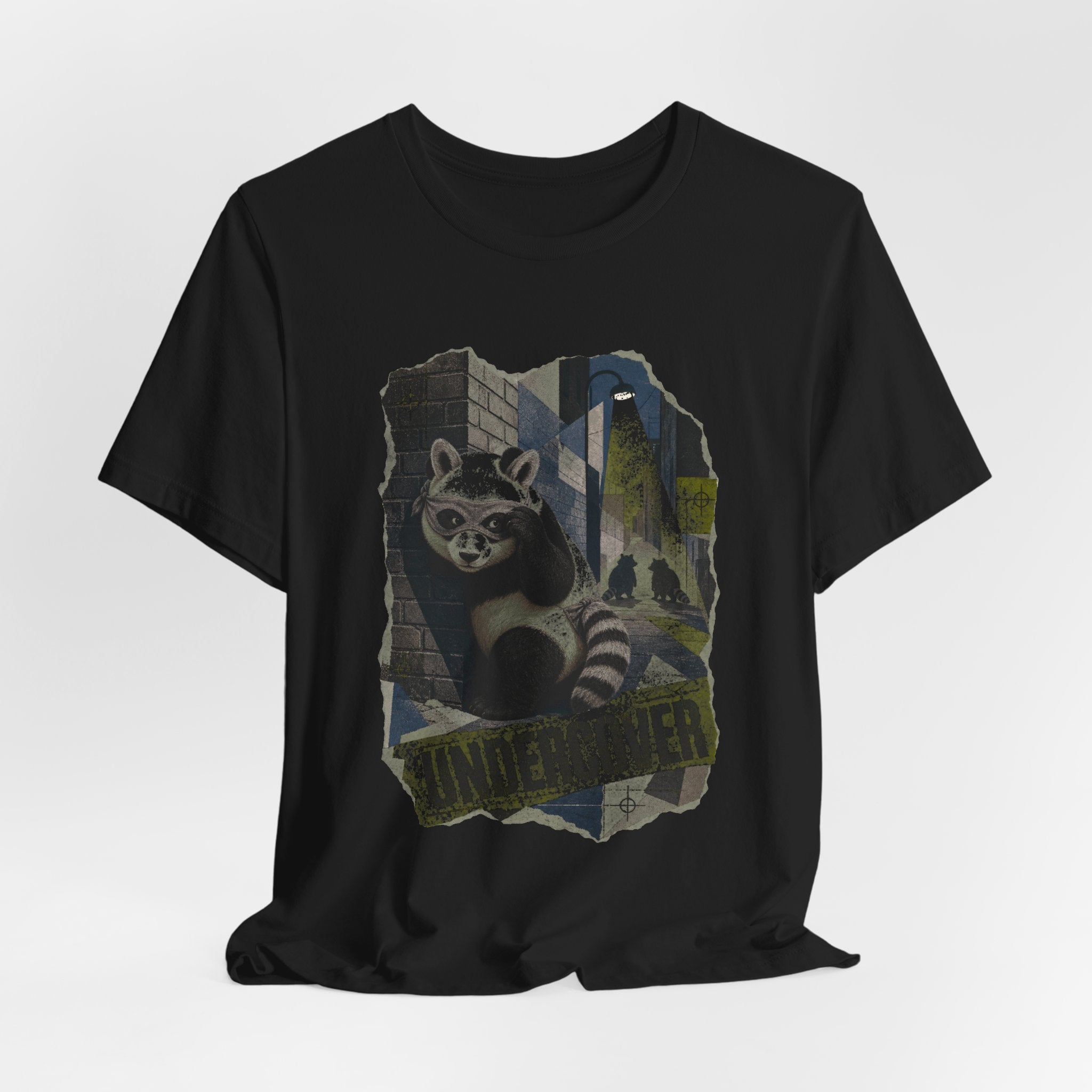 Panda in raccoon disguise design shown on a black unisex tee, Wrong Habitat