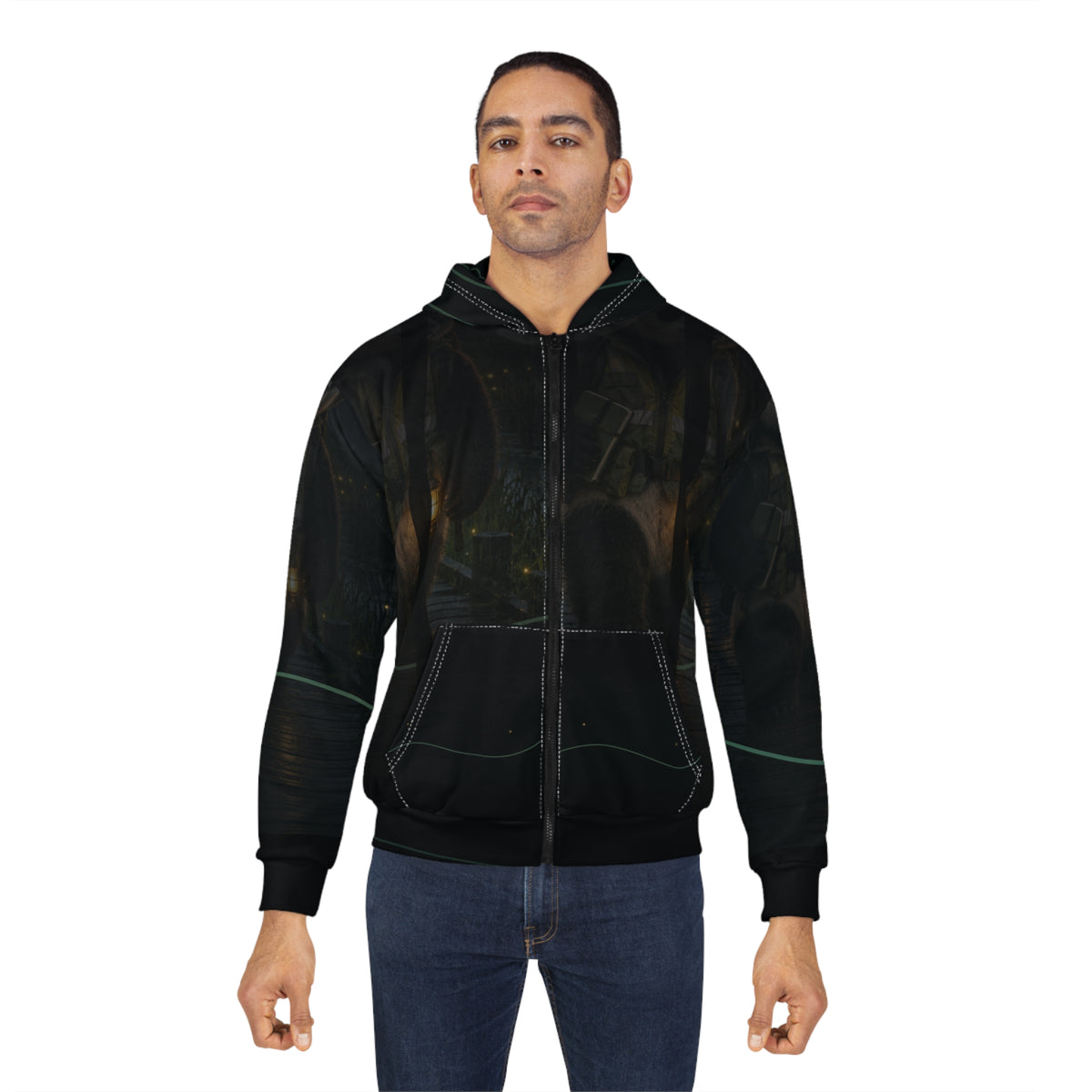 Alternate model view of the Boardwalk by Lantern zip hoodie, showing the marsh-at-dusk print around the zip front and sleeves.