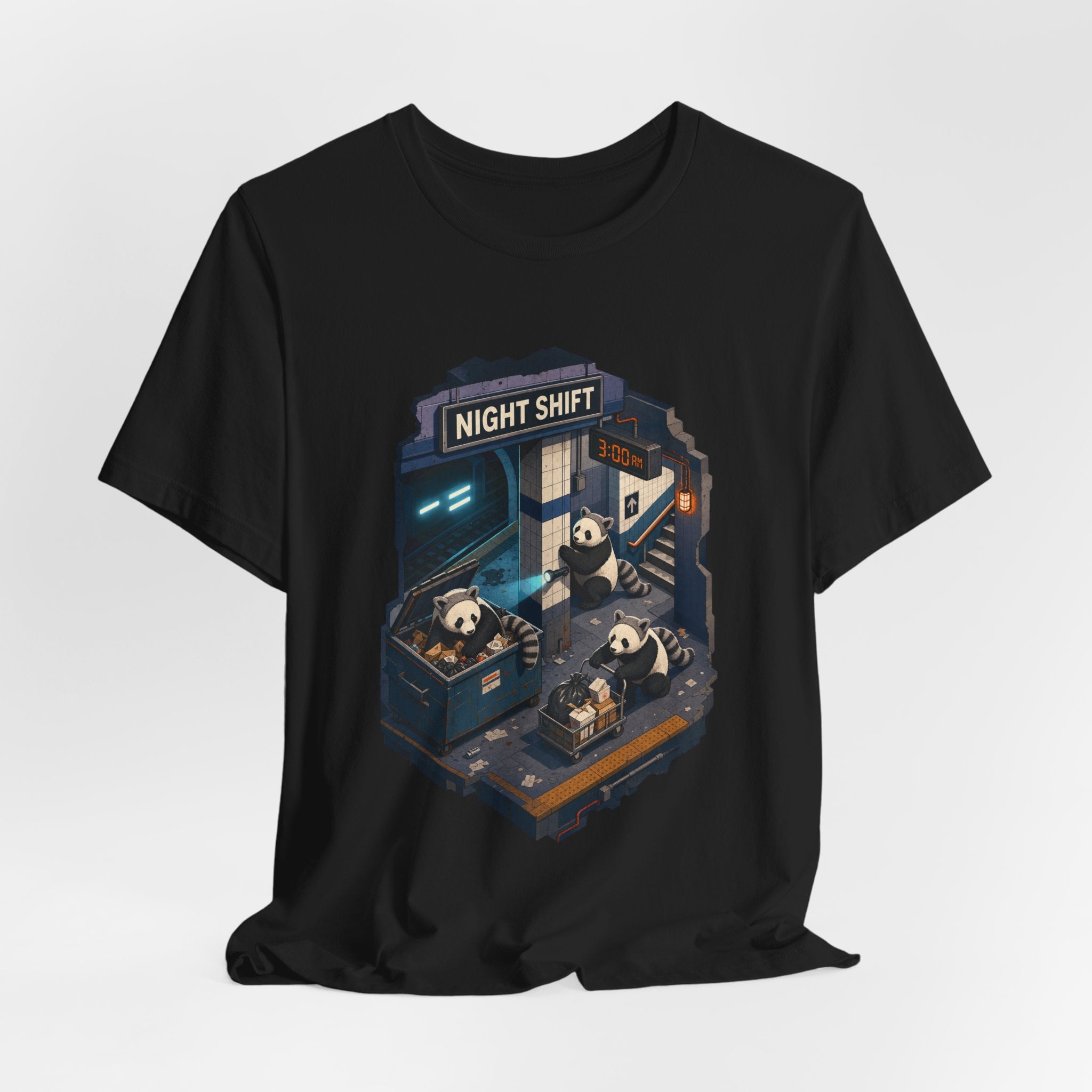 Night shift trash panda design shown on a black unisex tee, Wrong Habitat