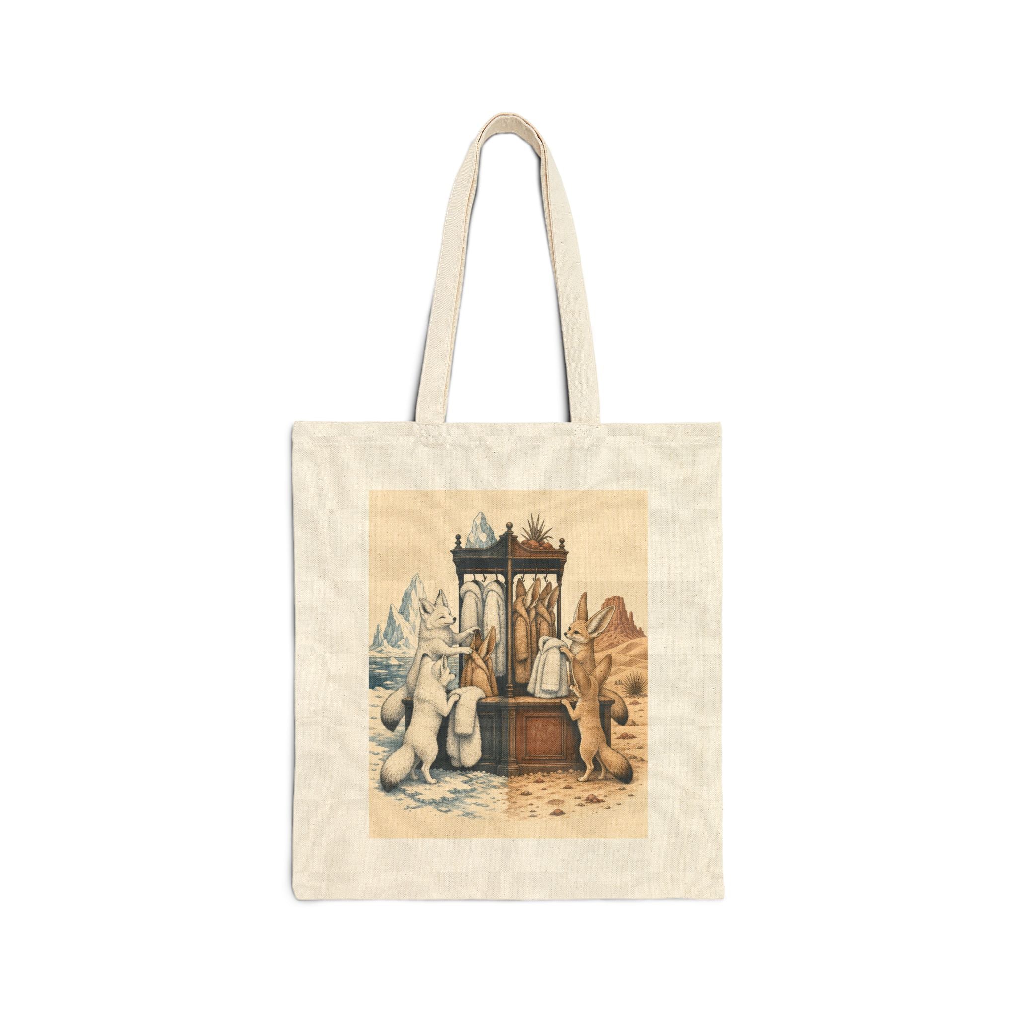 Arctic and fennec fox canvas tote bag: two foxes swapping coats at the climate border