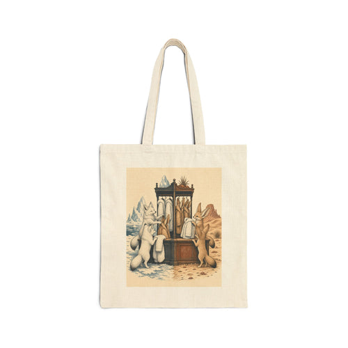 Arctic and fennec fox canvas tote bag: two foxes swapping coats at the climate border