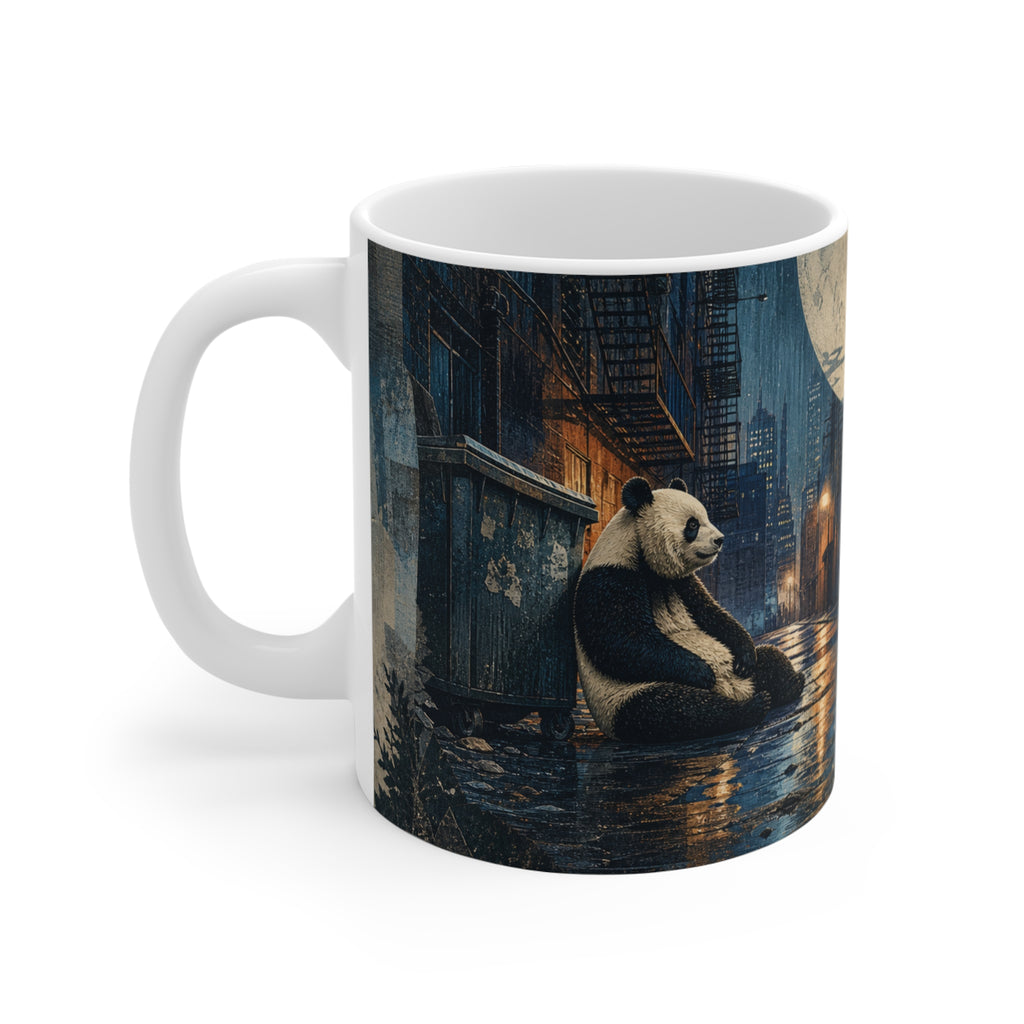 Panda and raccoon wraparound coffee mug, 11oz ceramic with a continuous habitat swap print