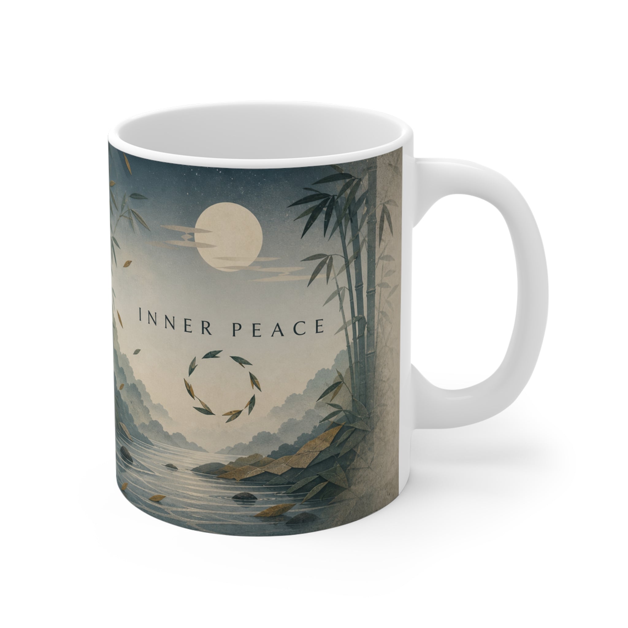 Inner Peace mug design detail: a raccoon meditating in a bamboo forest