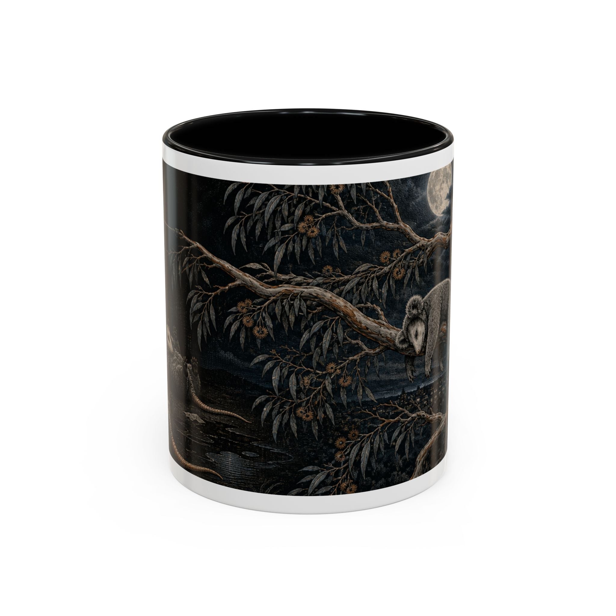 Koala and opossum coffee mug: two animals with the same coping strategy, 11oz black ceramic