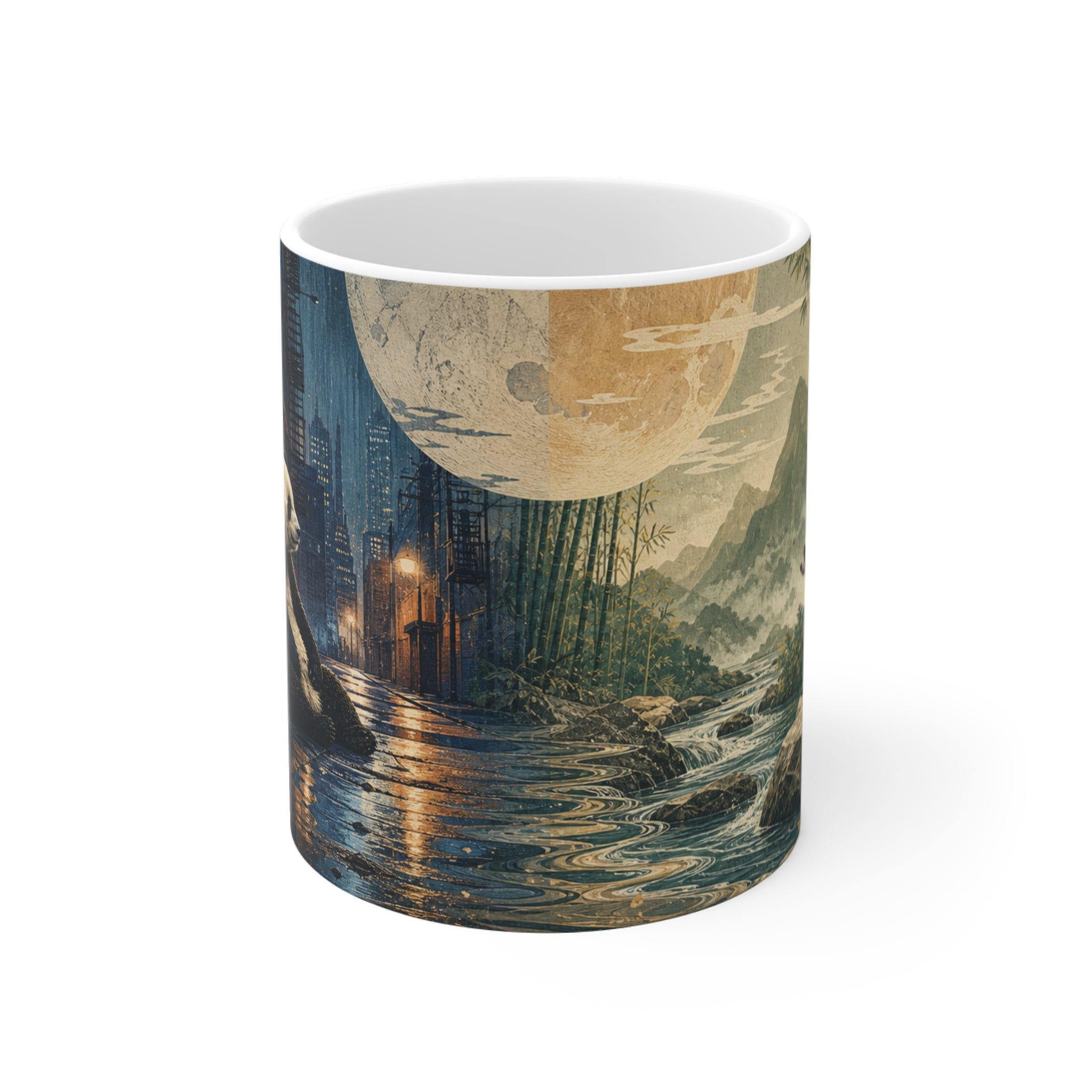 Panda and raccoon wraparound coffee mug, 11oz ceramic with a continuous habitat swap print