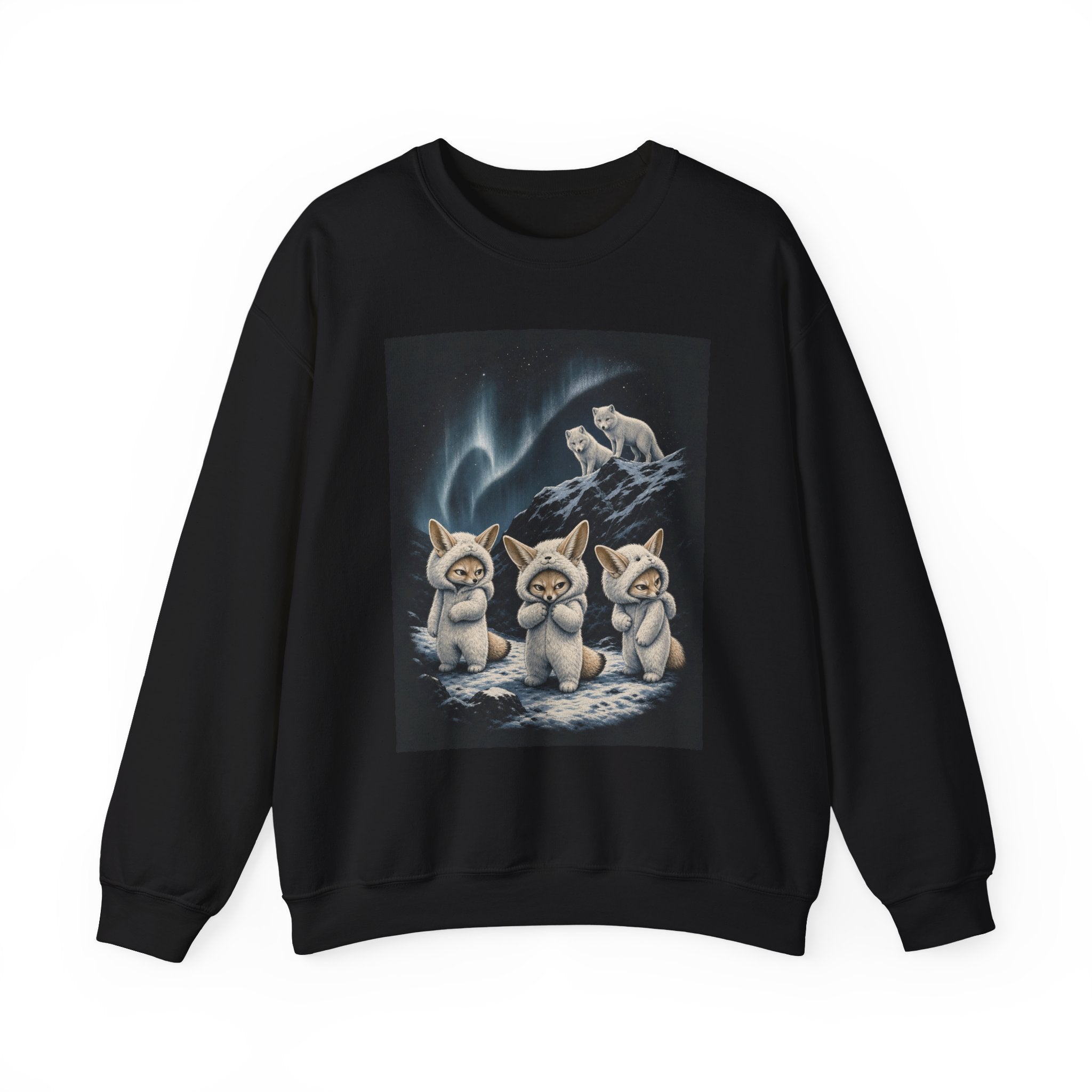 Fennec fox crewneck: a fennec fox with giant desert ears standing in deep arctic snow, black