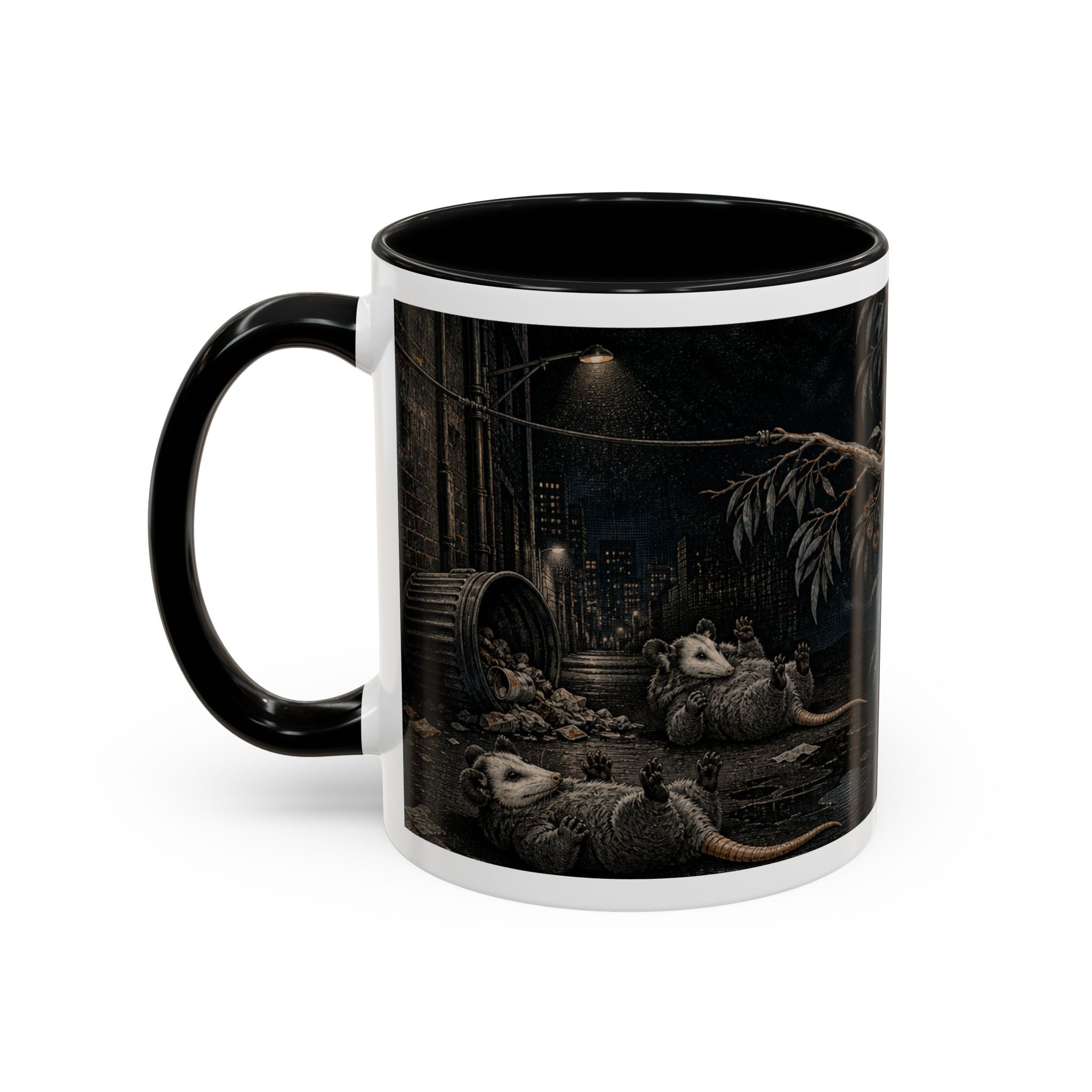 Play Dead Nap Hard mug design detail: an opossum playing dead and a koala napping