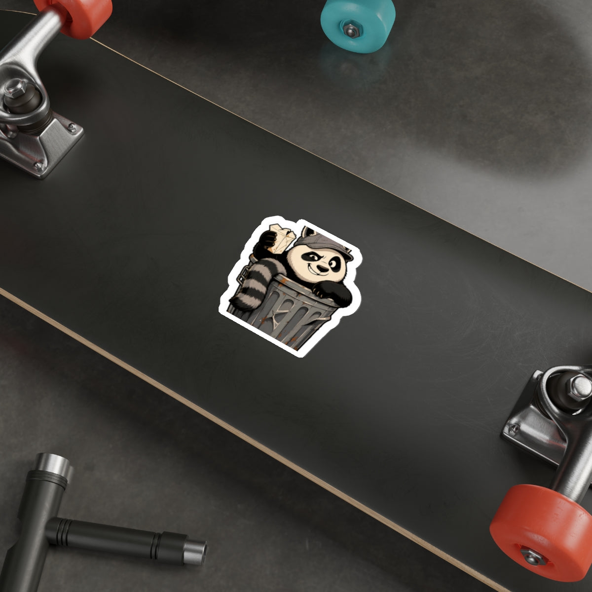 Trash panda sticker design detail: panda in raccoon disguise