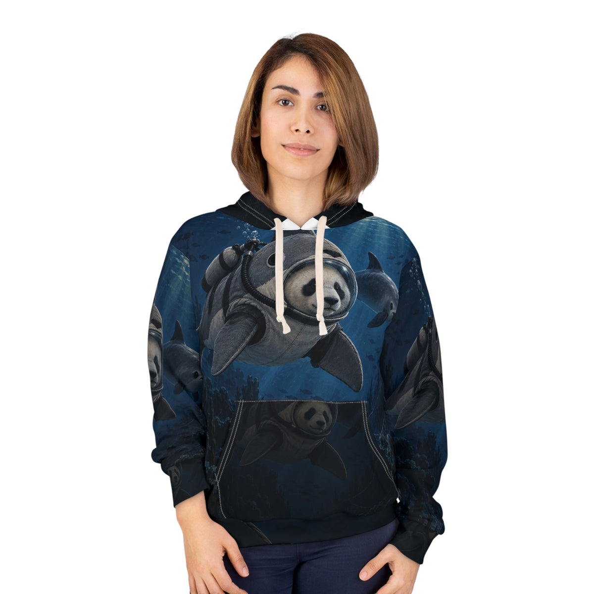 Model wearing the Zero-Tolerance Tide hoodie with its all-over moonlit reef artwork.