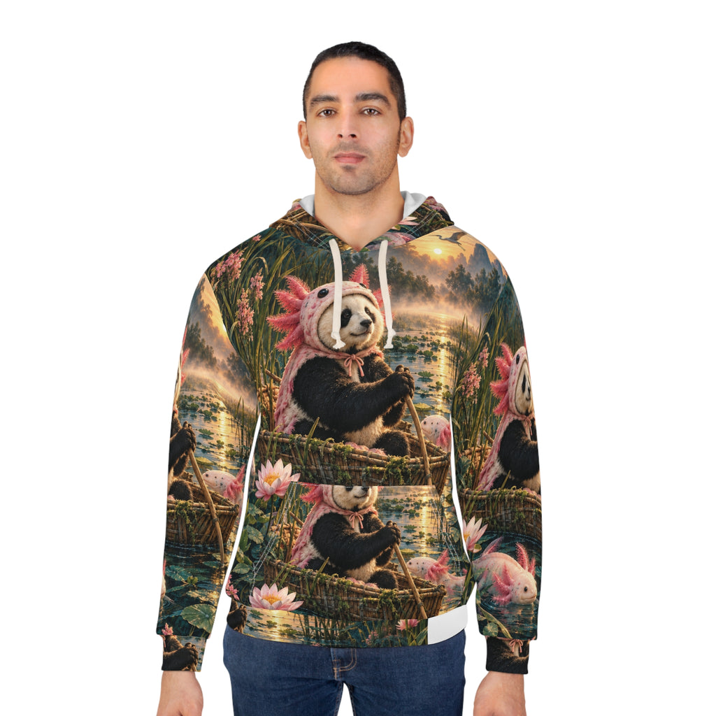 Alternate model view of the Gills Before Bills hoodie showing the reed-boat and axolotl-panda artwork.