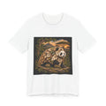 White tee with a square print of a panda in a cloak of overlapping leaves, holding a route map on an acacia ridge at sunset, Wrong Habitat
