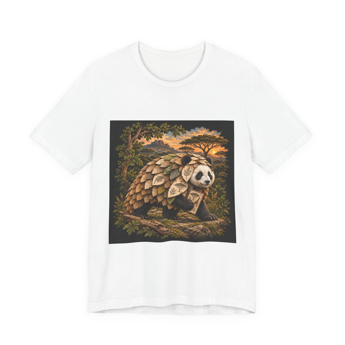 White tee with a square print of a panda in a cloak of overlapping leaves, holding a route map on an acacia ridge at sunset, Wrong Habitat