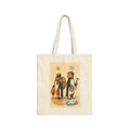 Camel and penguin canvas tote bag: a penguin with desert gear beside a camel with snow gear