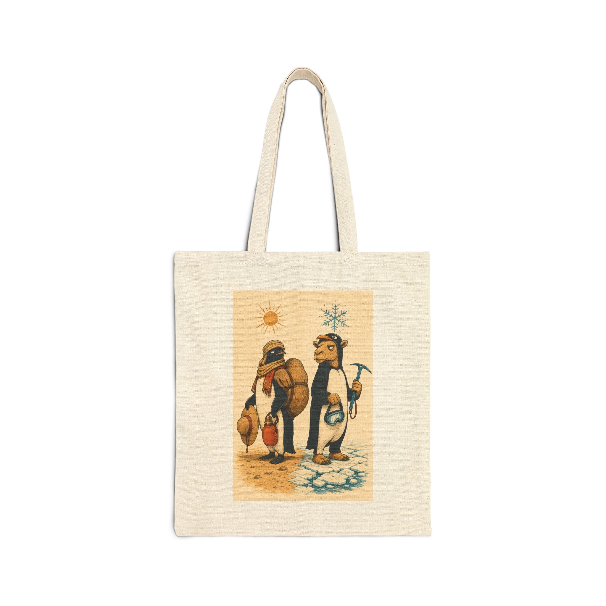 Camel and penguin canvas tote bag: a penguin with desert gear beside a camel with snow gear