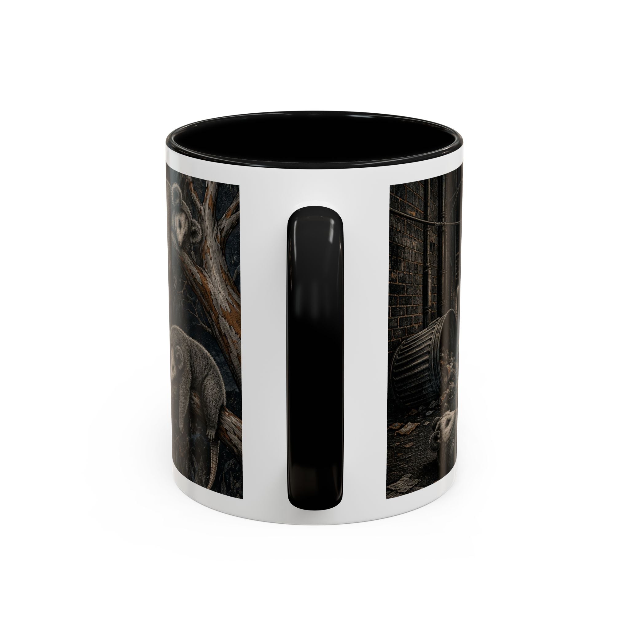 Koala and opossum wraparound print on an 11oz ceramic mug, Wrong Habitat