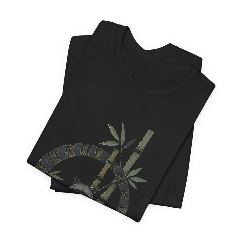 Zen raccoon t-shirt design detail: a raccoon meditating in a bamboo forest