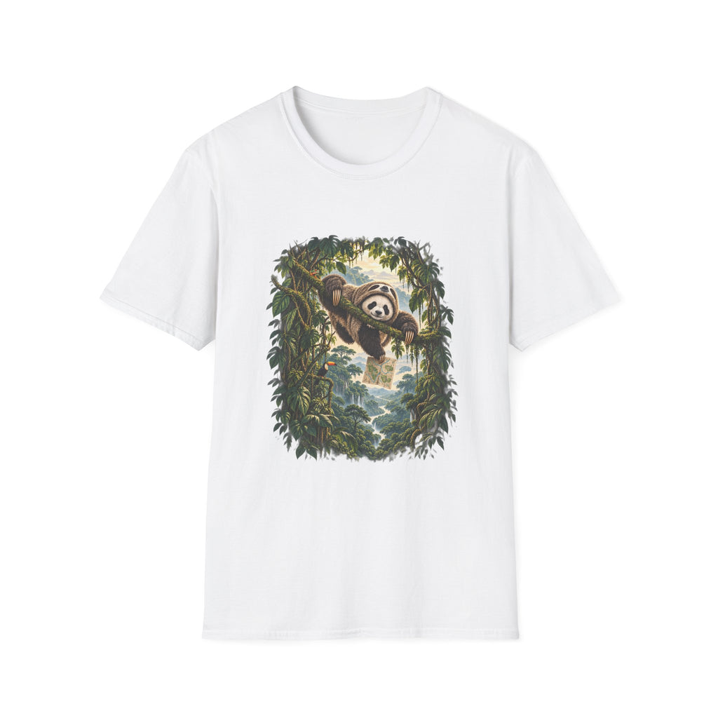 White tee printed with a panda in a sloth suit hanging from a branch above a misty rainforest valley, Wrong Habitat