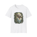 White tee printed with a panda in a sloth suit hanging from a branch above a misty rainforest valley, Wrong Habitat