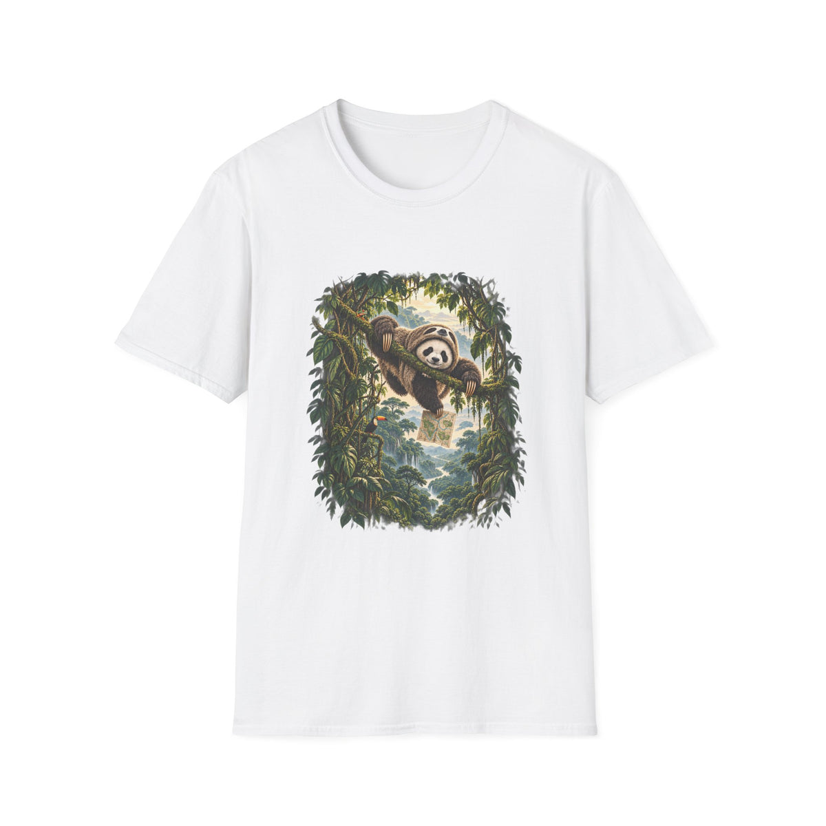 White tee printed with a panda in a sloth suit hanging from a branch above a misty rainforest valley, Wrong Habitat