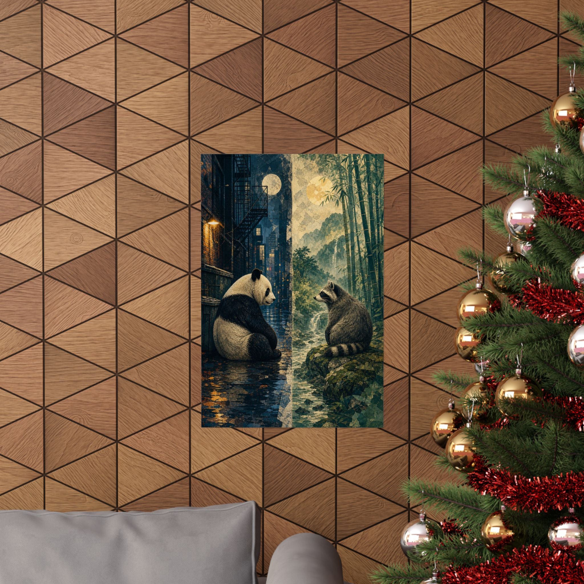 Panda and raccoon habitat swap matte art print, Wrong Habitat — additional product view 2