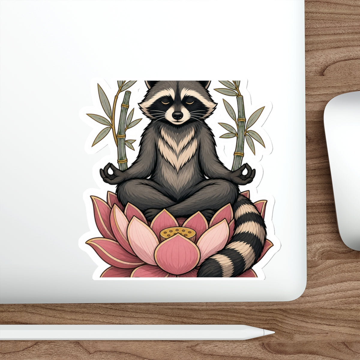 Lotus raccoon meditating die-cut weatherproof vinyl sticker, Wrong Habitat — additional product view 4