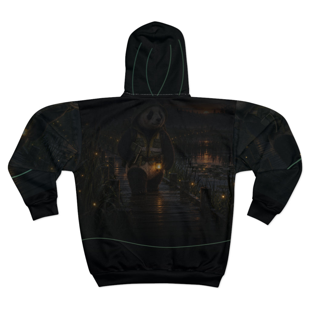 Back view of the Boardwalk by Lantern zip hoodie, with the marsh, fireflies, and boardwalk scene across the panels.