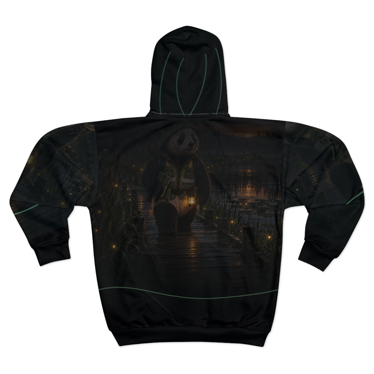 Back view of the Boardwalk by Lantern zip hoodie, with the marsh, fireflies, and boardwalk scene across the panels.